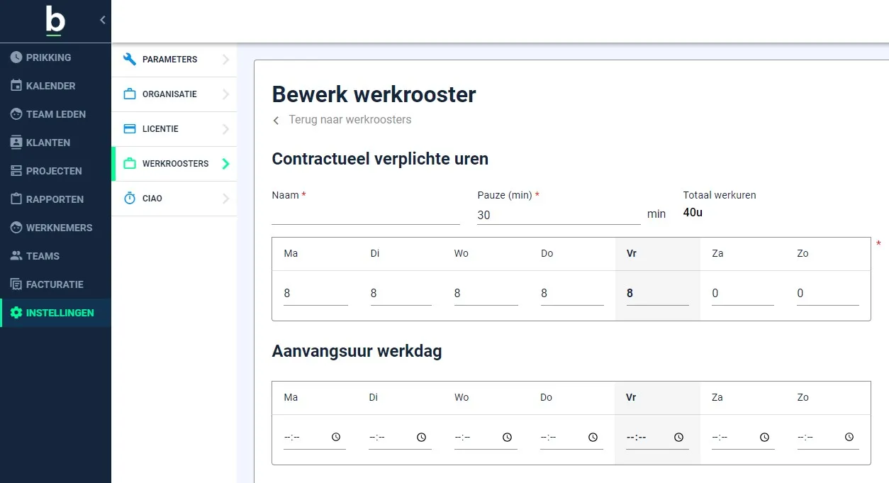 Werkrooster configureren in BuildBase